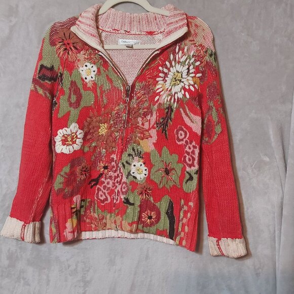 Vintage Embroidery Floral Grannycore‎ Knit Boho Zip Up Festival Red XS Sweater - Picture 1 of 7